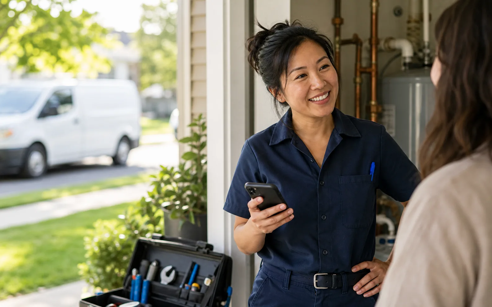 Home-service professional speaking with a customer