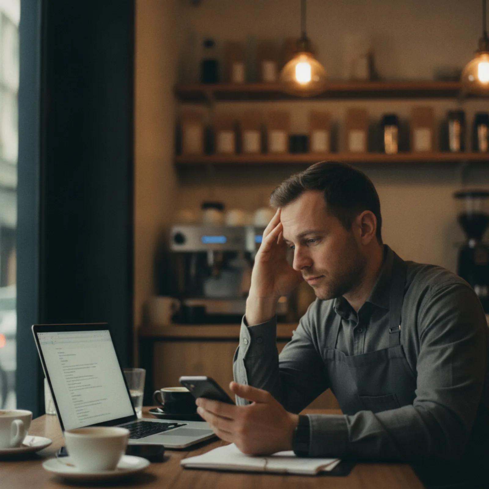 Cafe owner reviewing customer messages beside a laptop