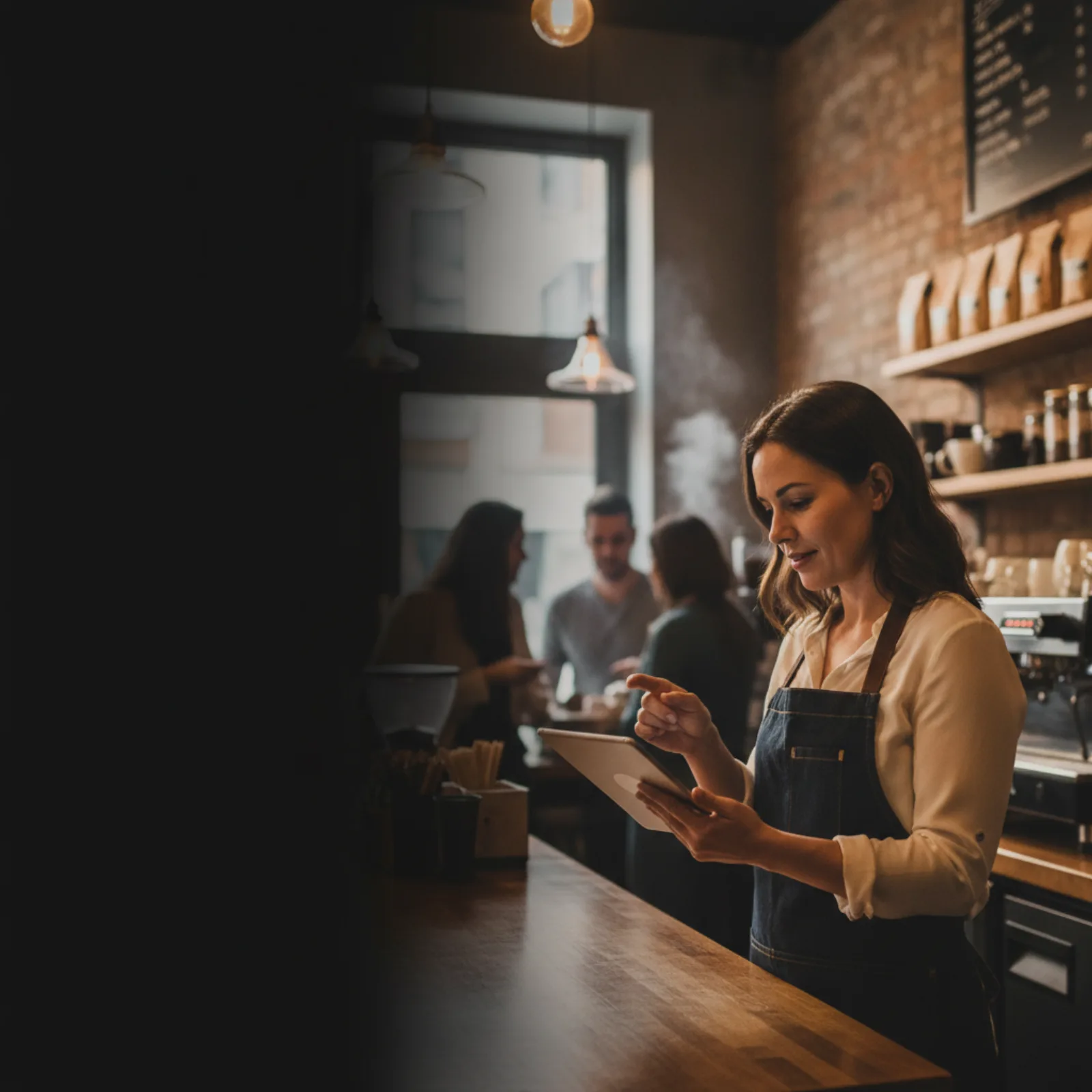 Cafe manager using a tablet while customers are being served