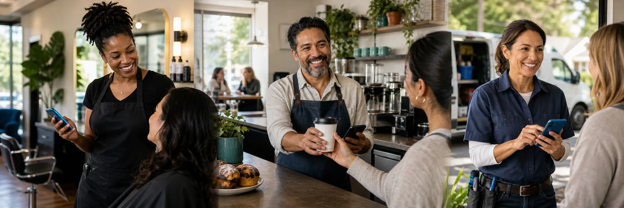 Local business owners speaking with customers at work